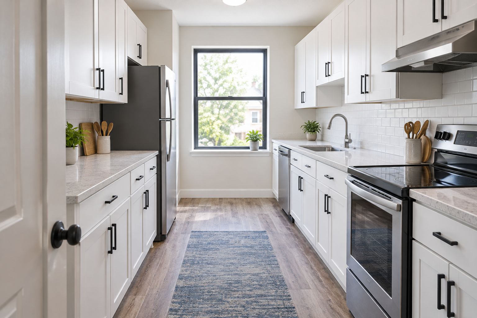 Compact kitchen with clear circulation, closed storage, and accessible preparation space