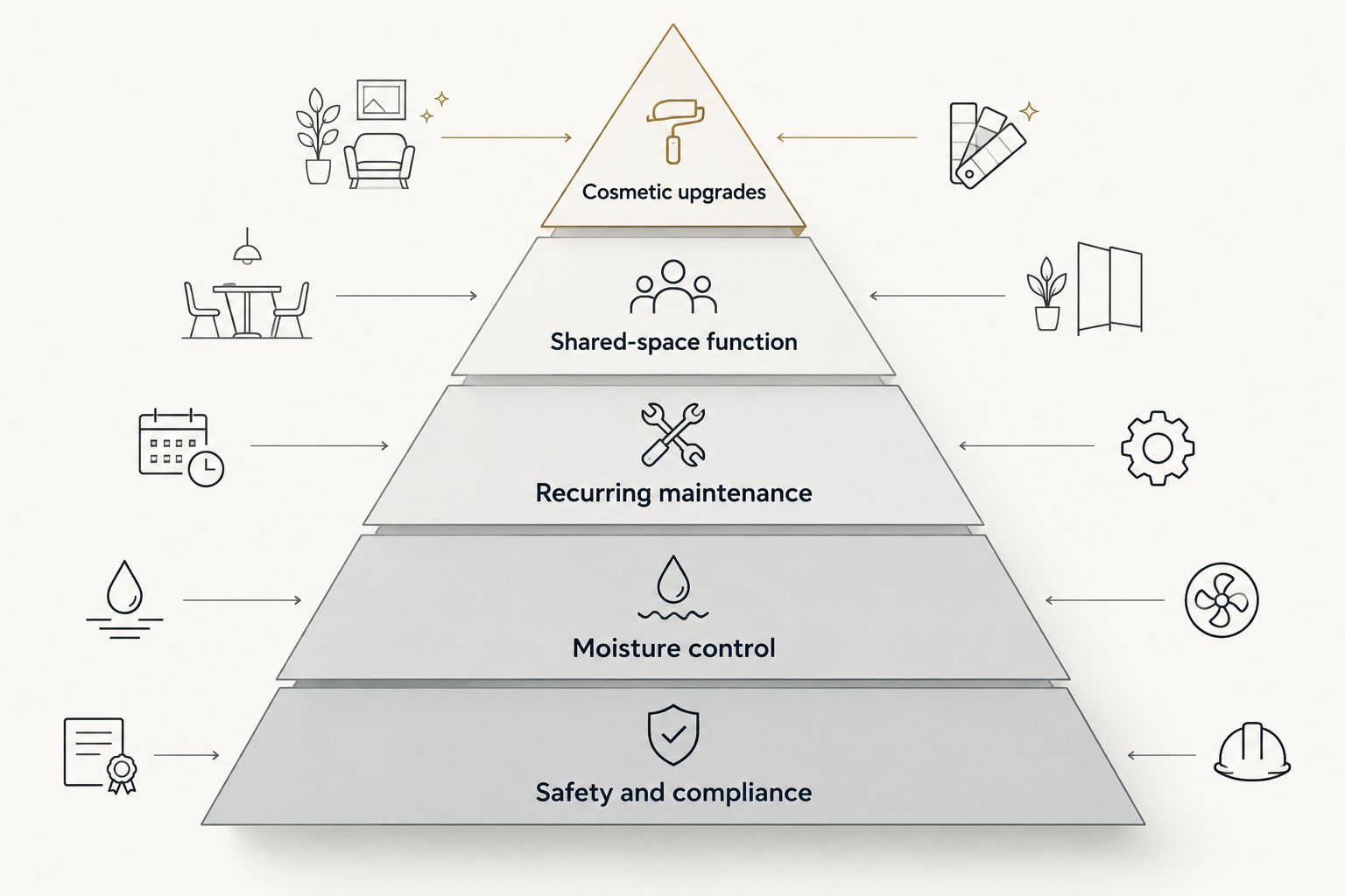 Priority pyramid placing safety and moisture control before shared-space changes and cosmetic upgrades