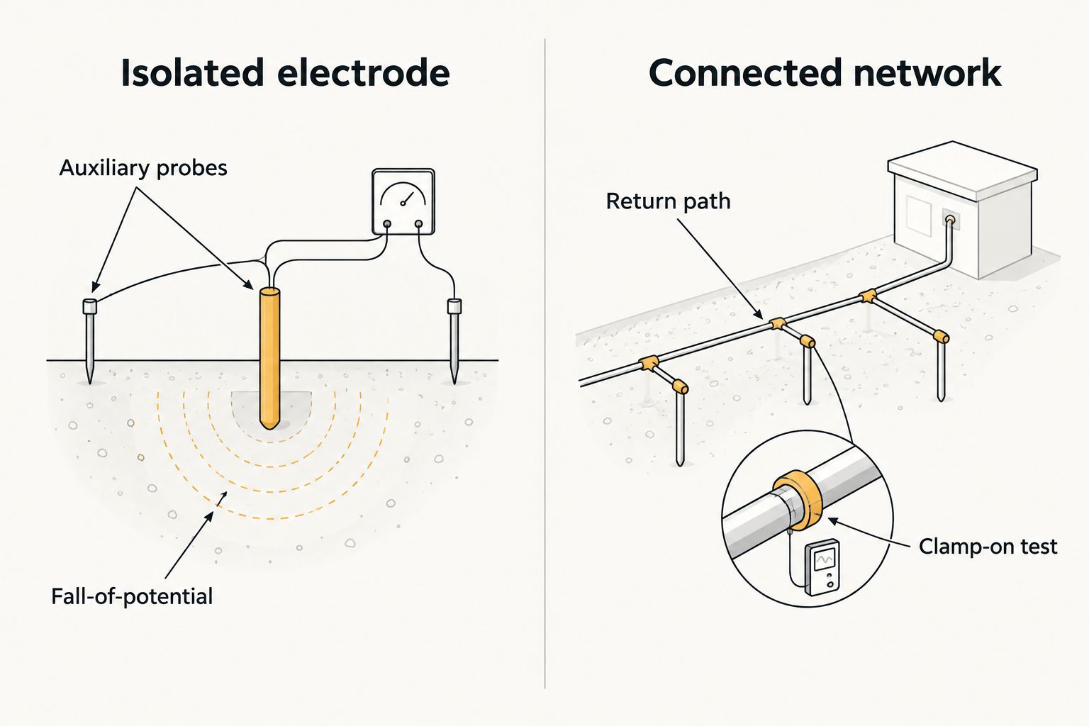 Comparison of auxiliary-probe testing for an isolated electrode and clamp-on testing for a connected network