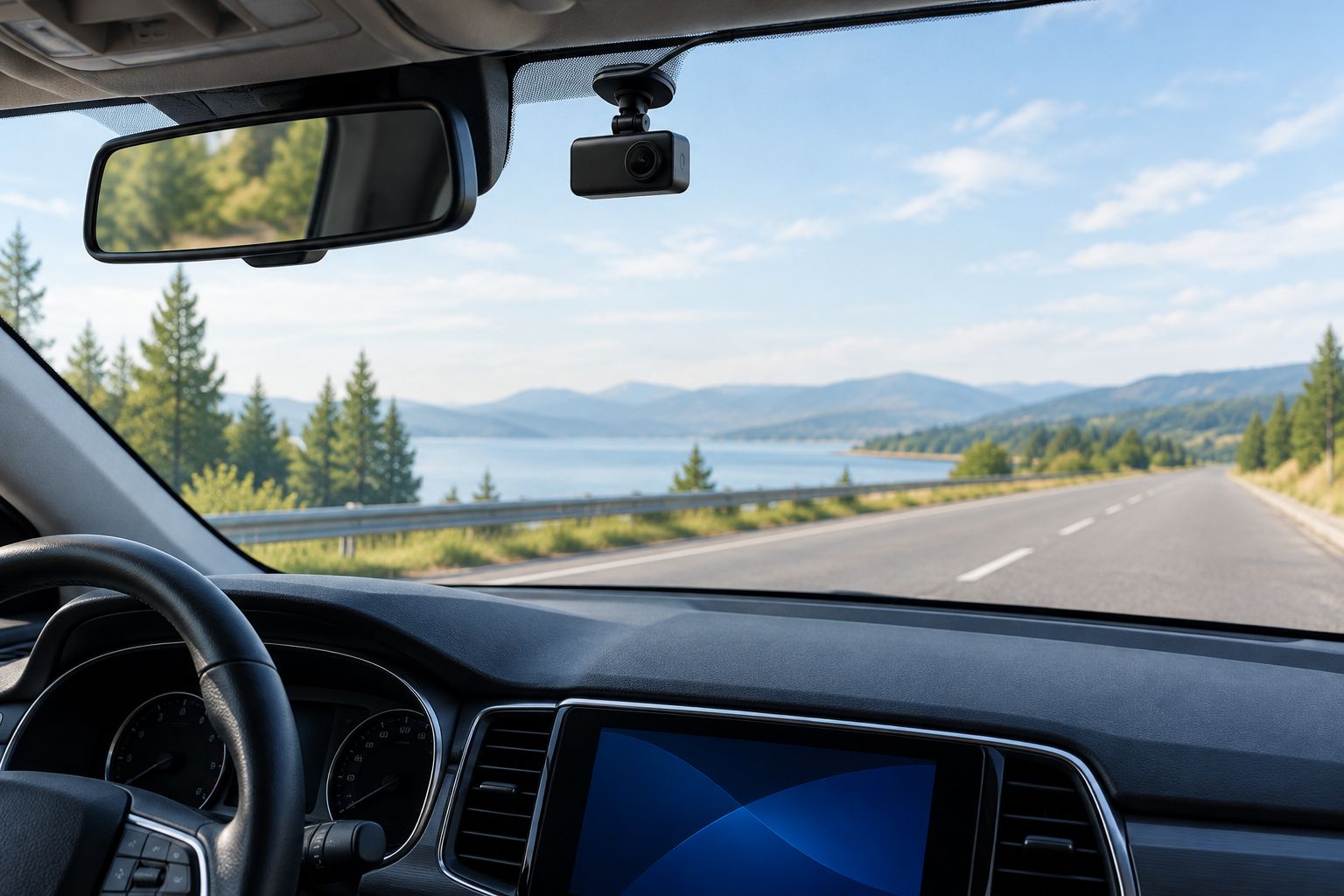 A small dash camera mounted near the rearview mirror with a clear view through the windshield
