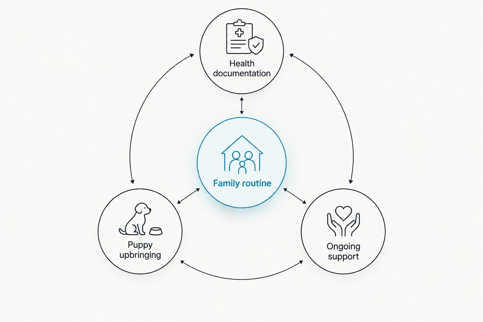 Family routine connected to health documentation, puppy upbringing and ongoing support.