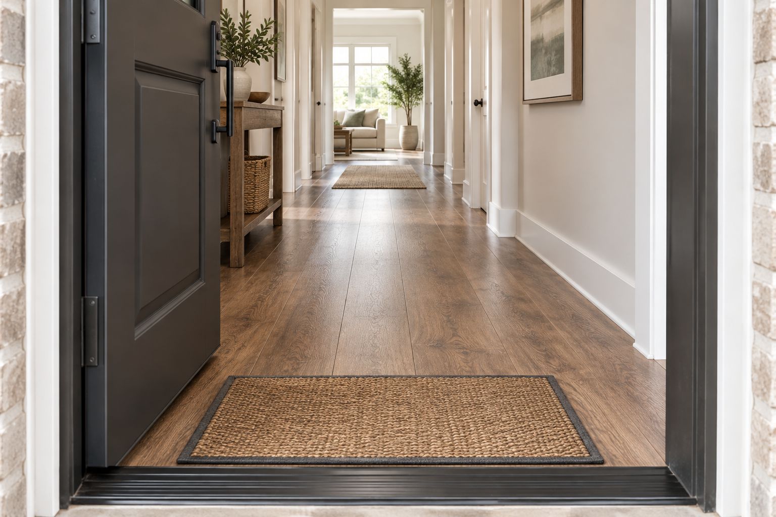 Entrance mat and finished doorway threshold leading into a continuous wood-look hallway floor