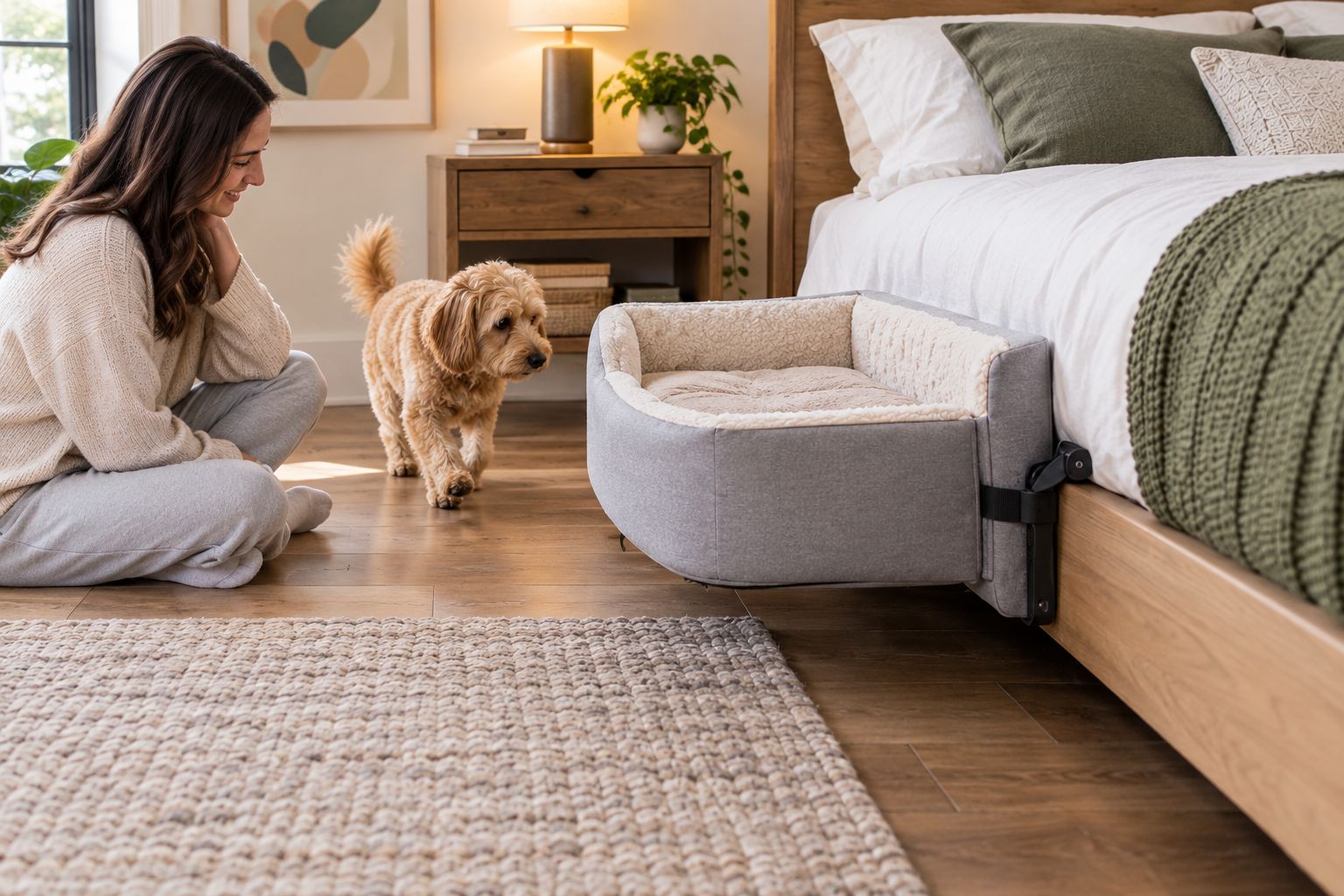 Small dog approaching a separate bedside sleeping area with a clear floor route and owner nearby