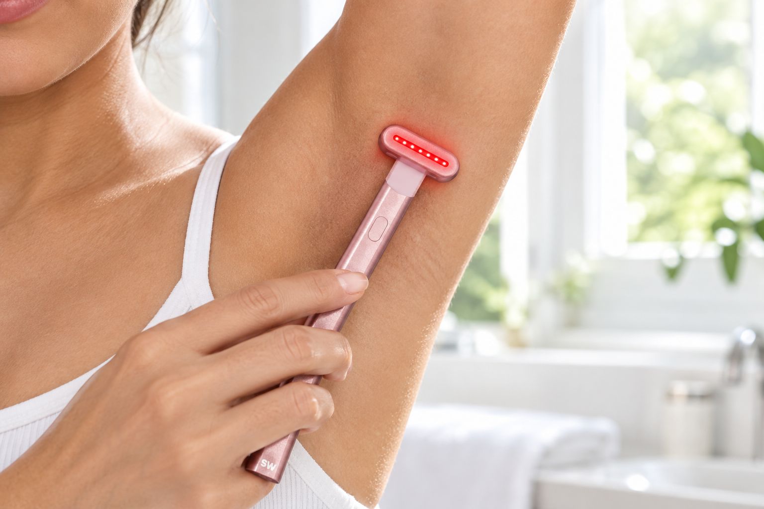 Handheld red light therapy wand held against raised underarm skin