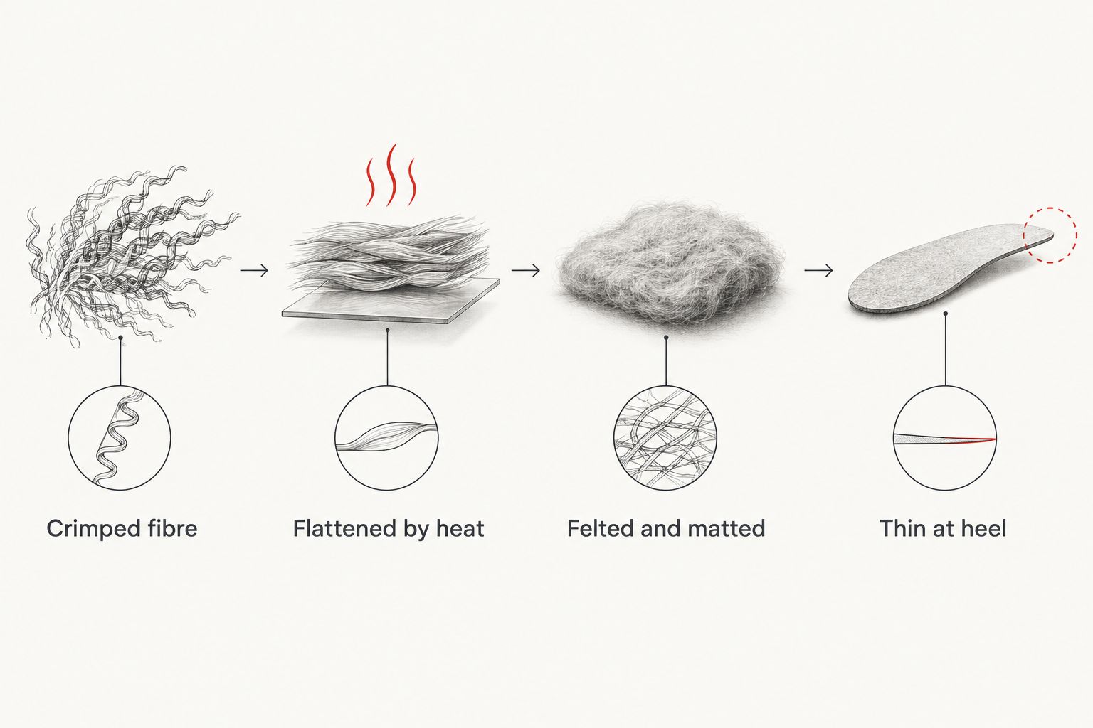Diagram showing how wool fibre goes from crimped to felted and thin