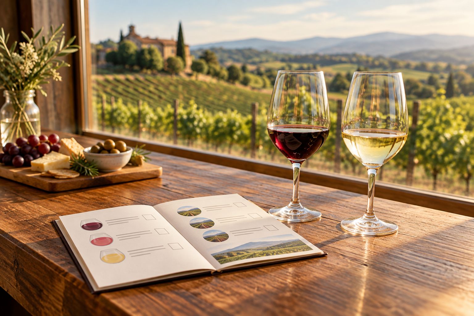 Printed wine trail checklist on a tasting room counter next to wine glasses