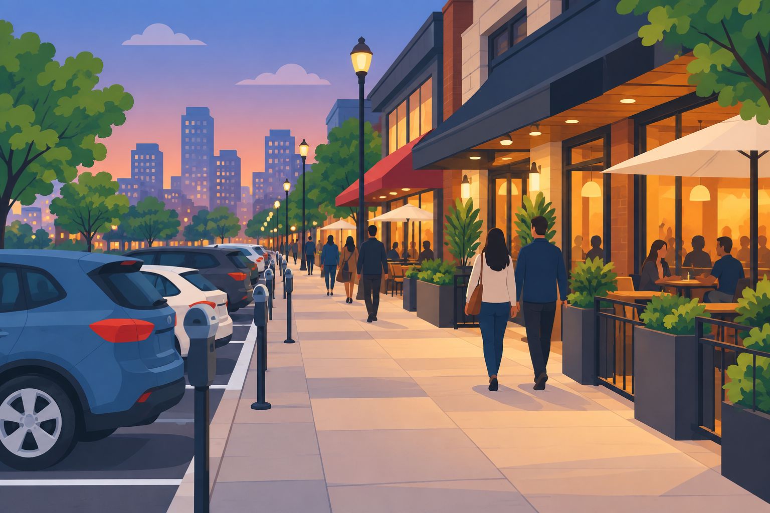 Metered street parking along a busy urban restaurant corridor at dusk