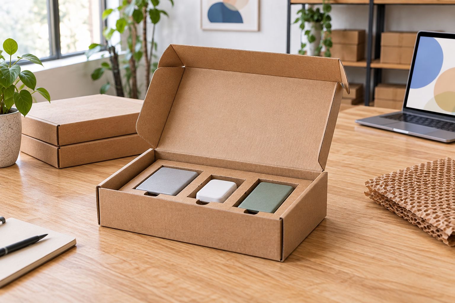 Open corrugated mailer showing a front tuck, folded side walls, and a fitted insert