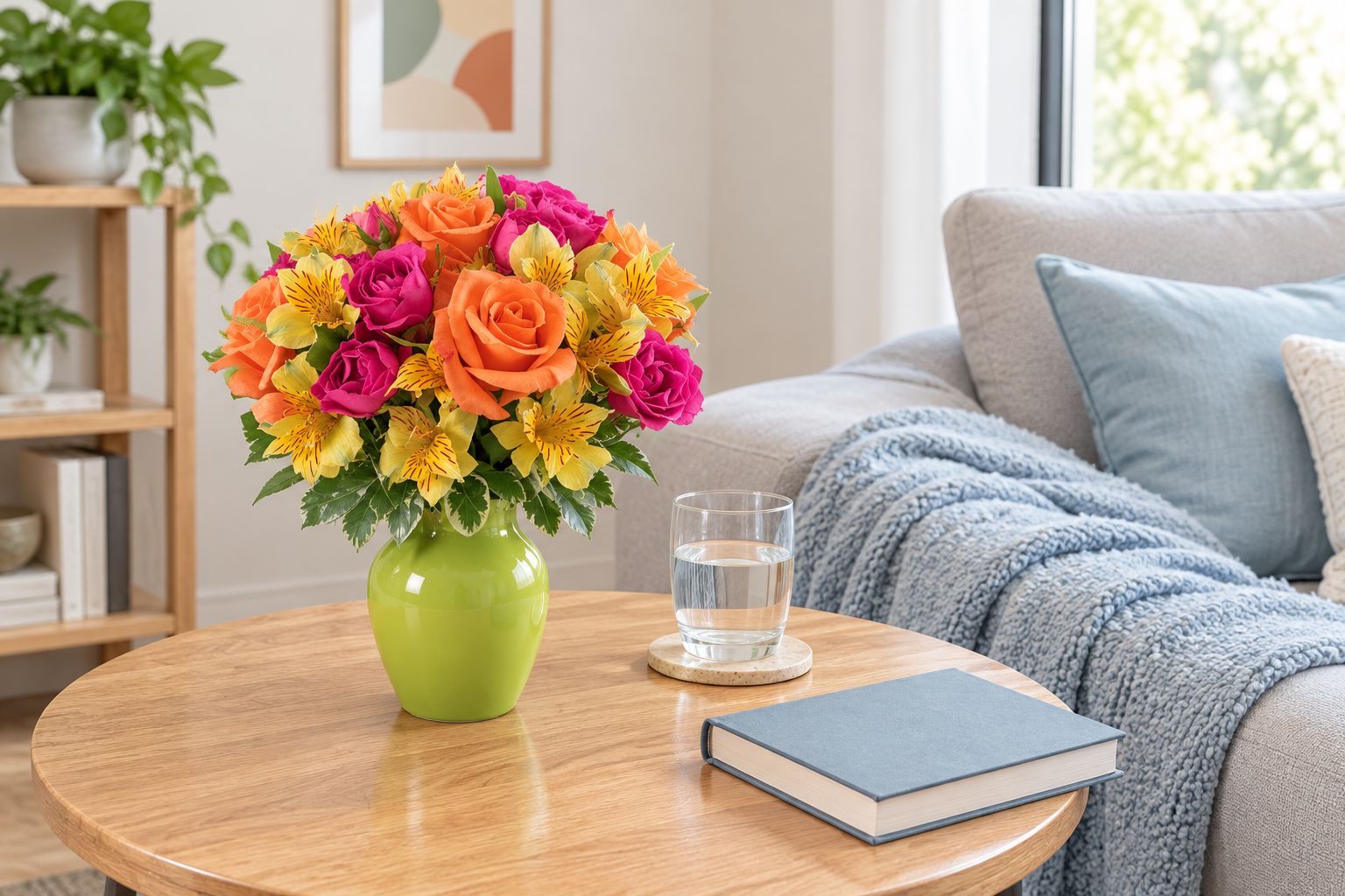 A flower arrangement on a side table with space left for everyday items