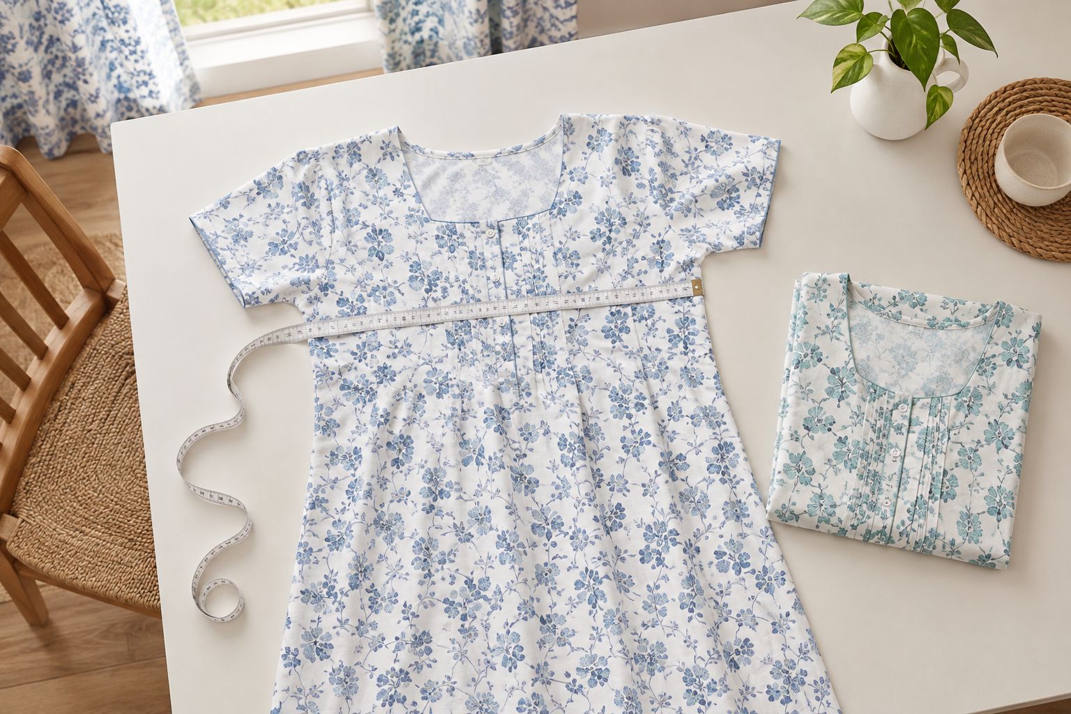 Cotton nightie laid flat for comparing bodice width and shoulder seams