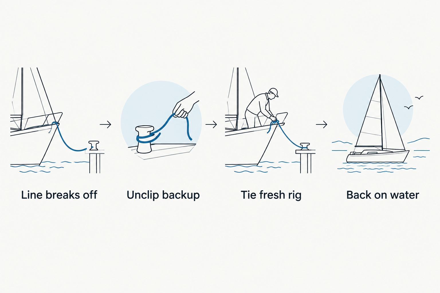Four-step sequence from a line break-off to fishing again