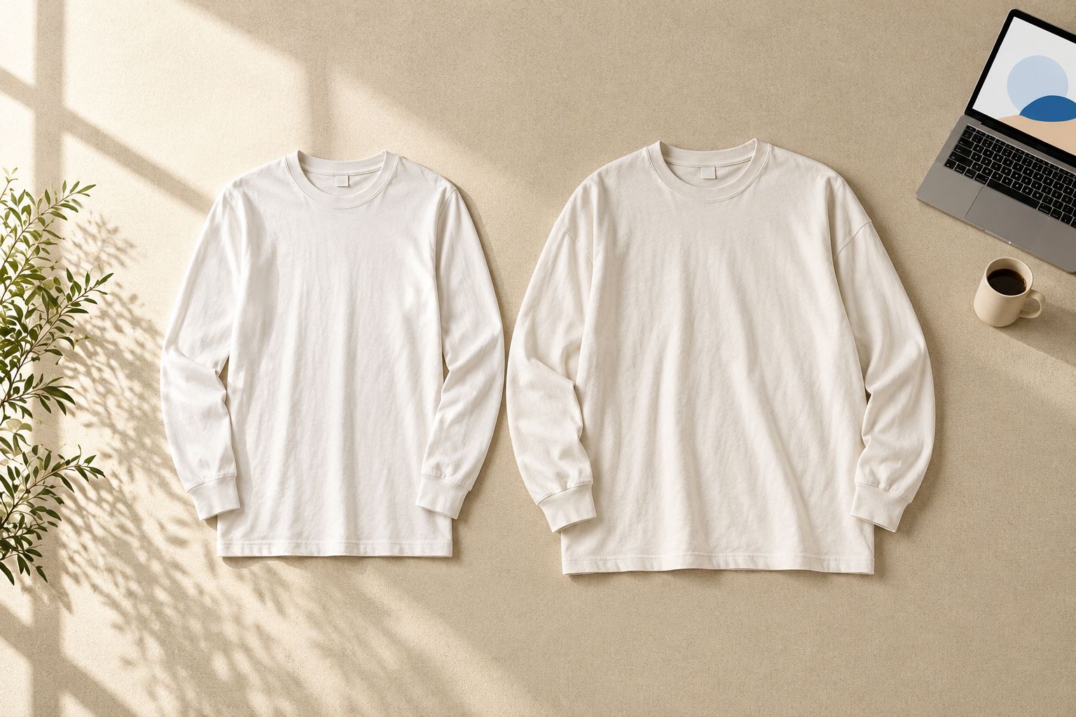 Standard and roomier long sleeve silhouettes laid flat for a proportion comparison