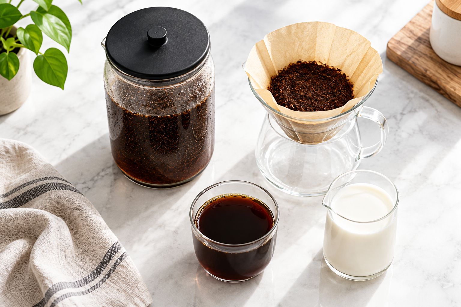 Home cold brew setup with a steeping jar, paper filter and finished coffee served black and with milk