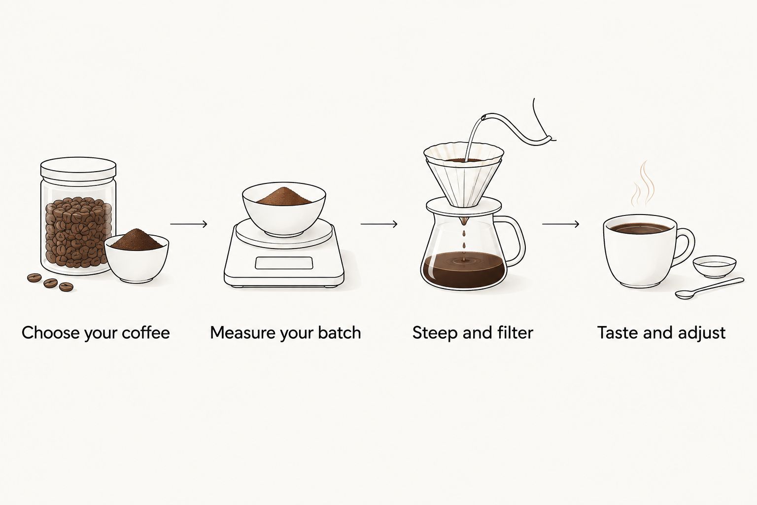 Four steps for choosing coffee, measuring a batch, steeping and filtering, then adjusting the drink