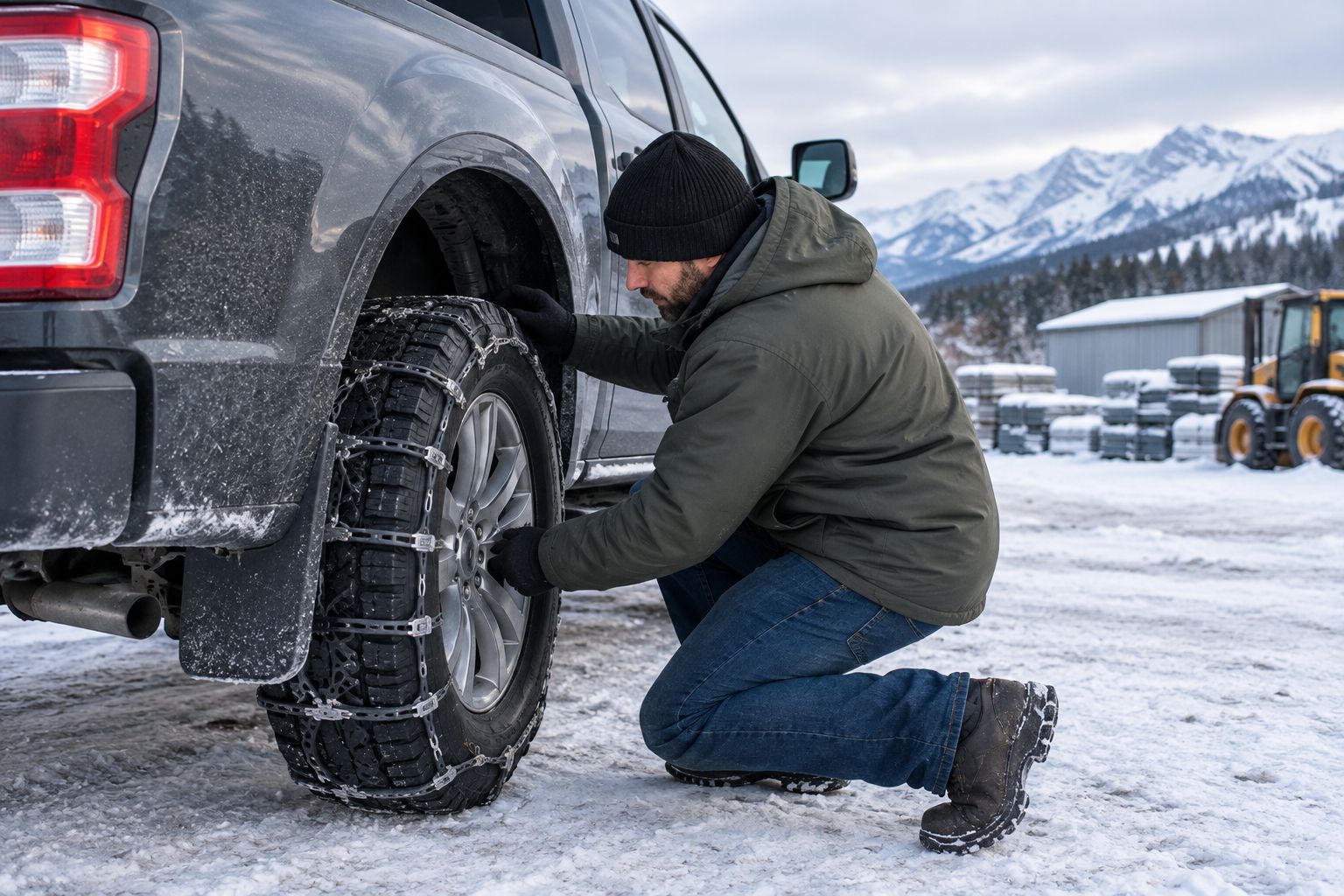 Worker checks tire traction device fit and clearance on a parked pickup