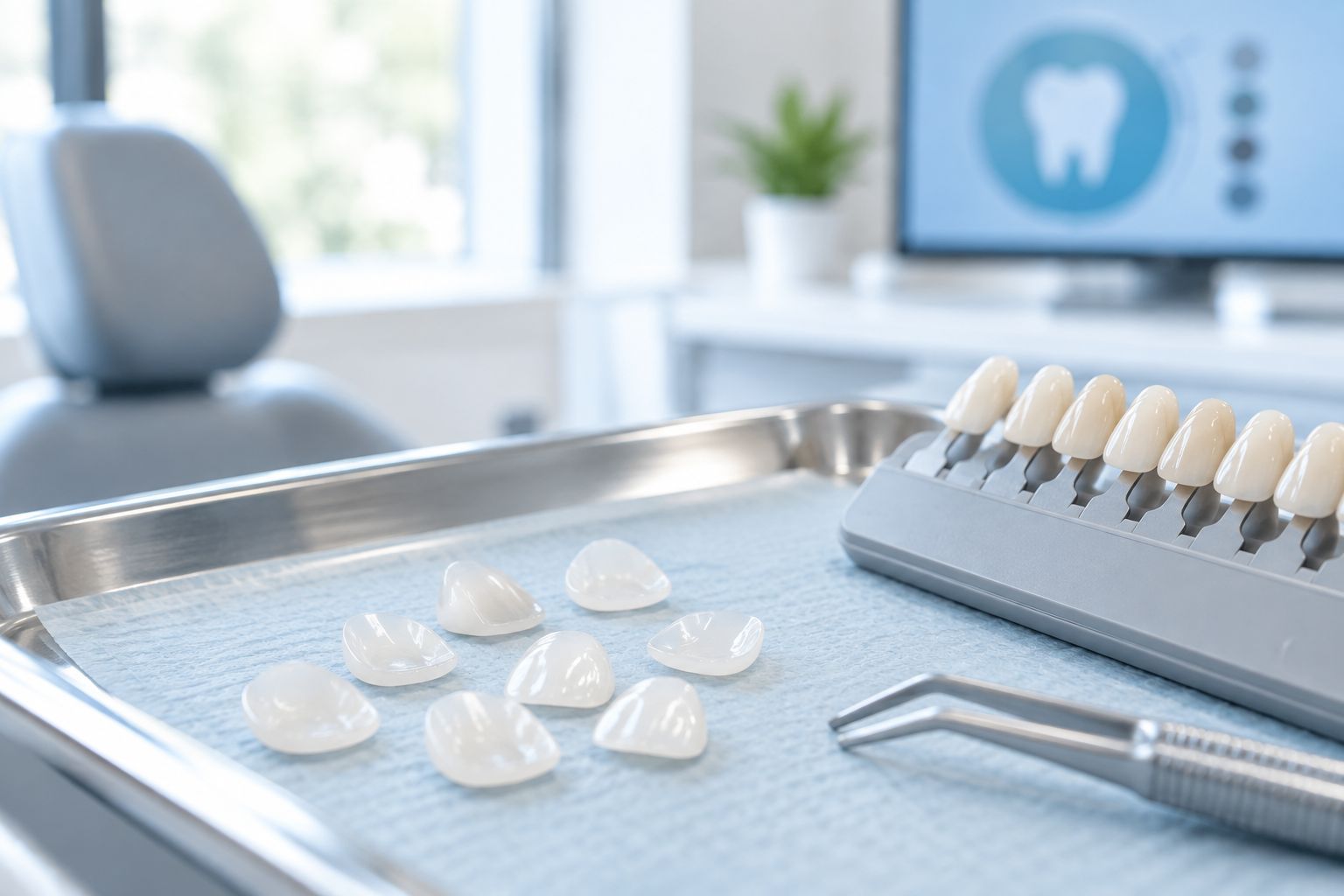 Thin porcelain veneer shells next to a dental shade guide