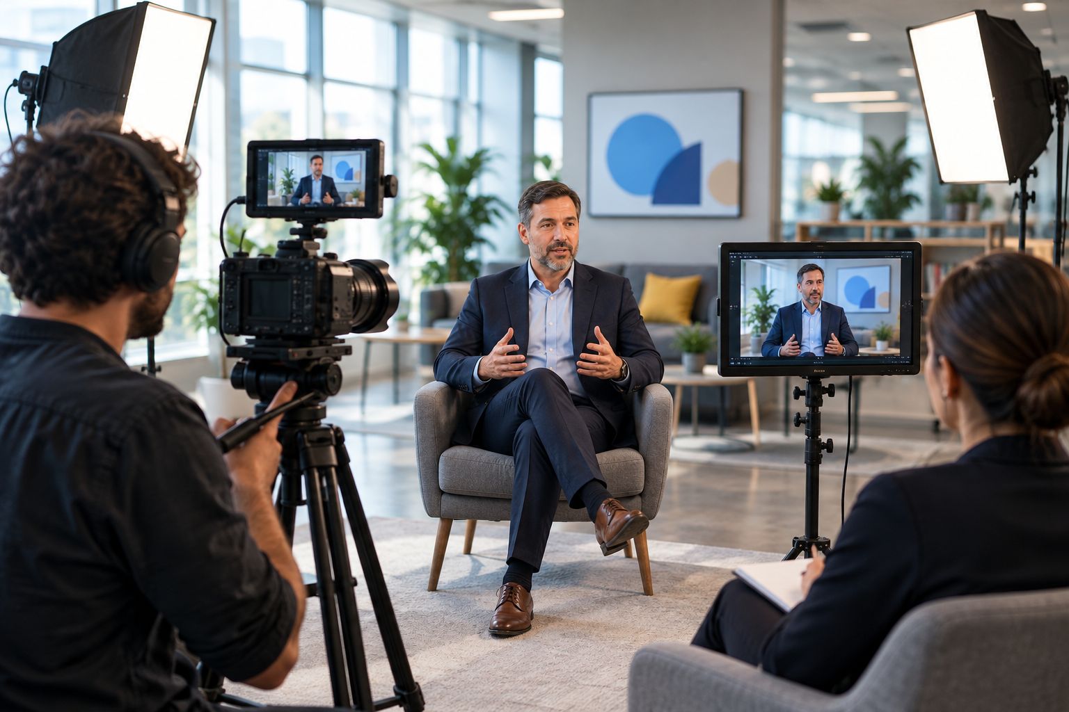 Estúdio de filmagem corporativo com câmera, iluminação e entrevista institucional