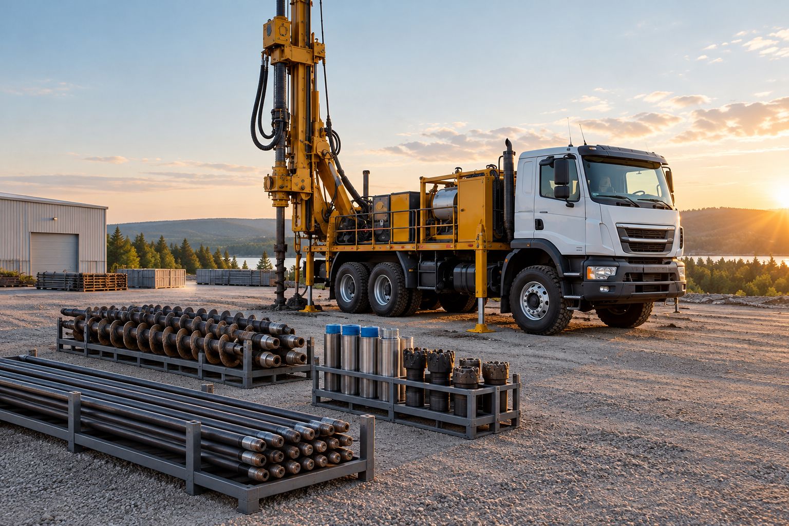 Truck-mounted drilling rig beside organized rods, auger sections, and sampling accessories.