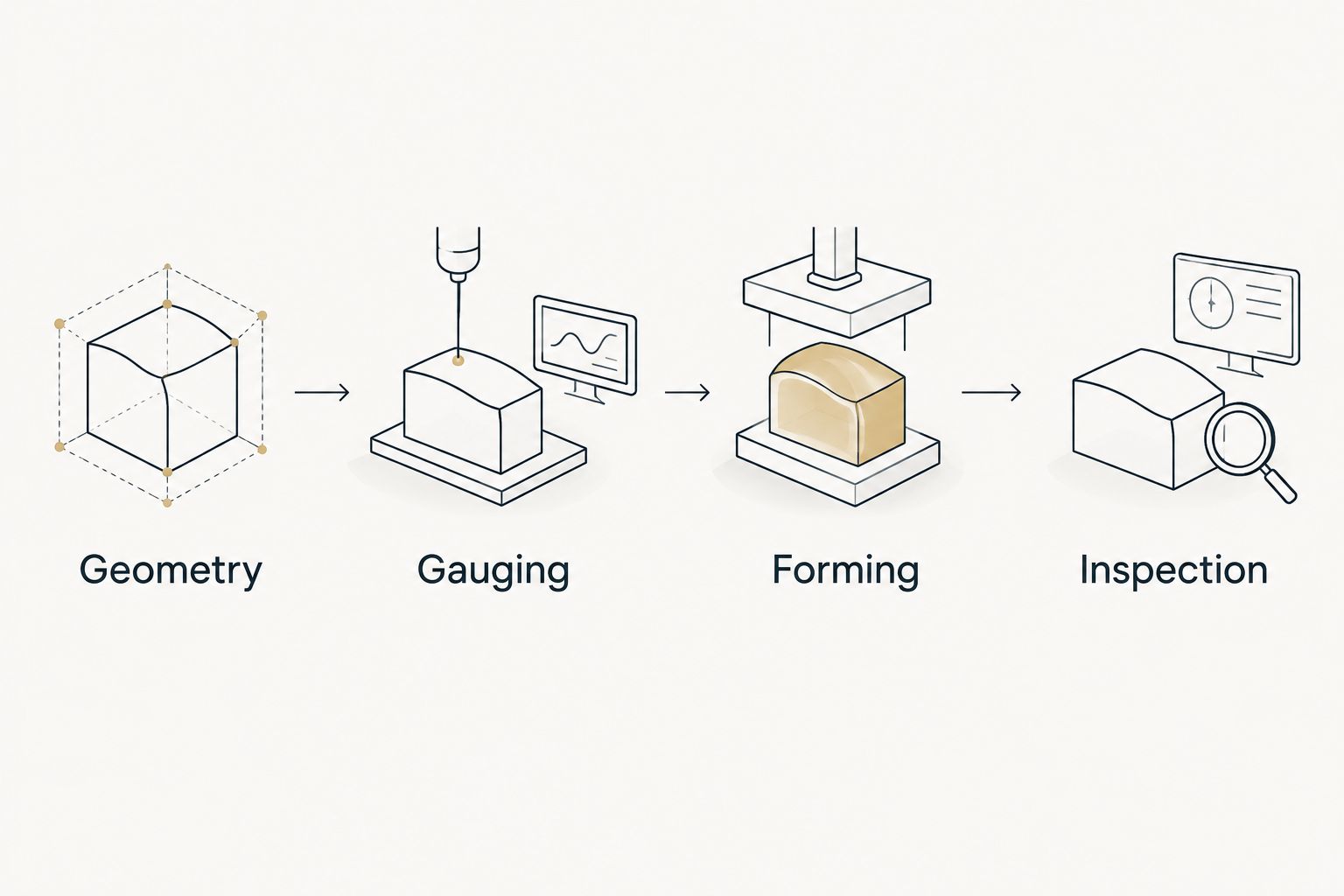 Workflow separating nominal geometry, physical gauging, forming settings and inspection