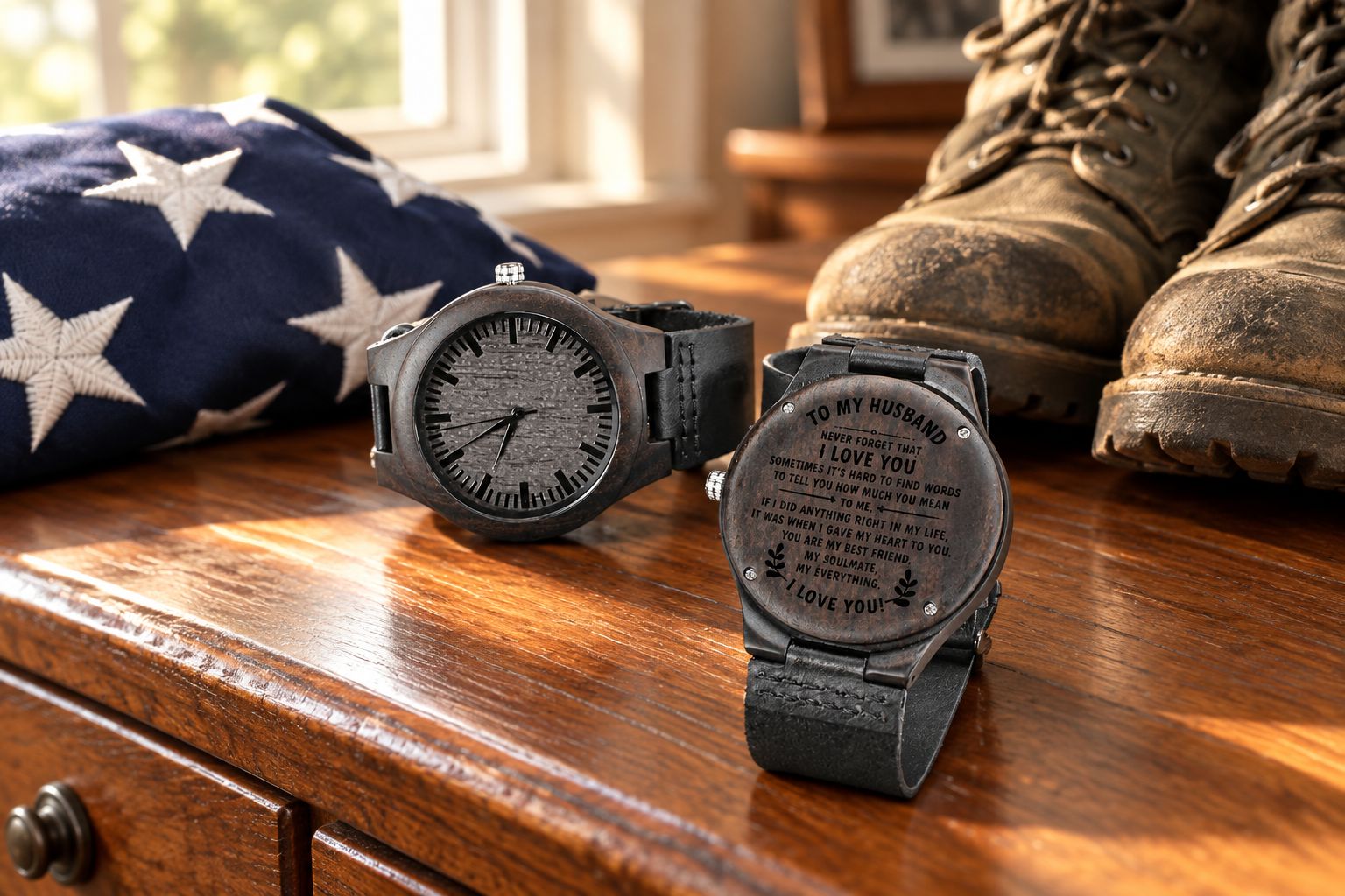 Custom engraved watch resting on a dresser beside folded flag and boots