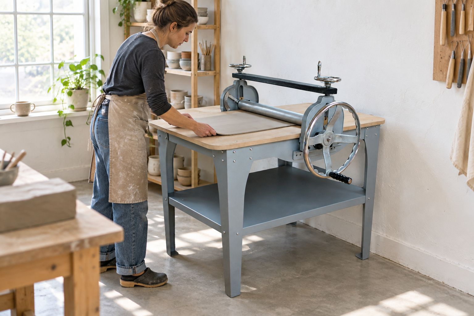 Durston Fixed Slab Roller F750 in a ceramics studio feeding a clay slab
