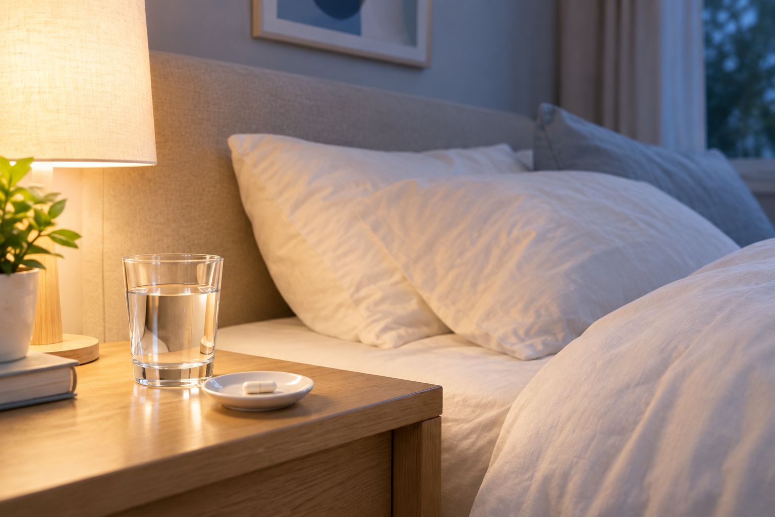 Nightstand with water and a supplement capsule beside a dim lamp at bedtime