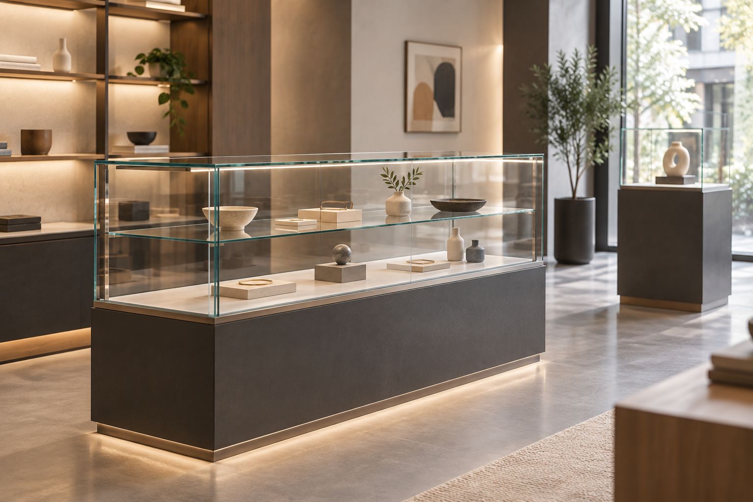 Glasvitrine im Verkaufsraum mit seitlicher Beleuchtung und freiem Blick auf die ausgestellten Objekte