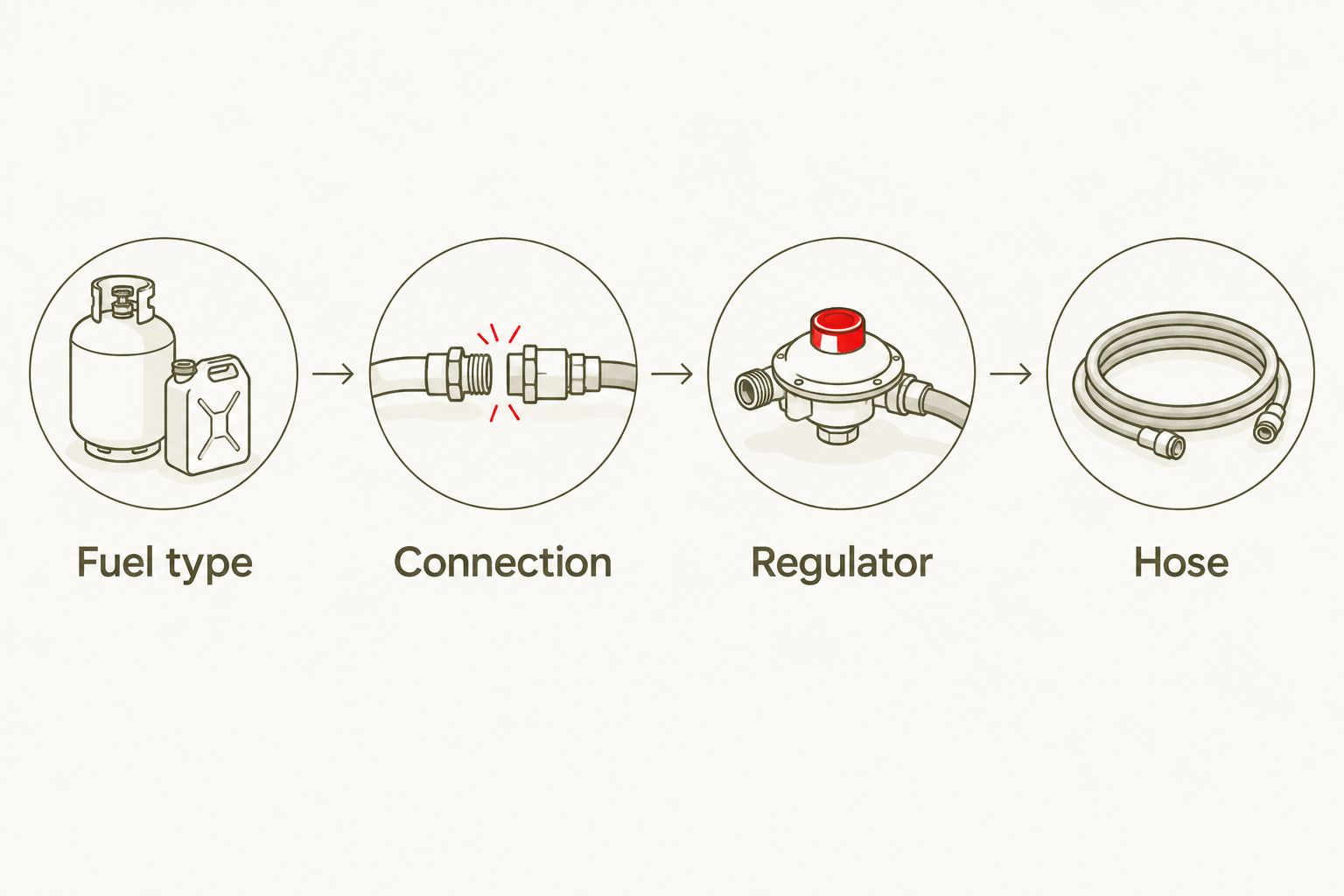 Four checks for matching heater fuel, connection, regulator and hose