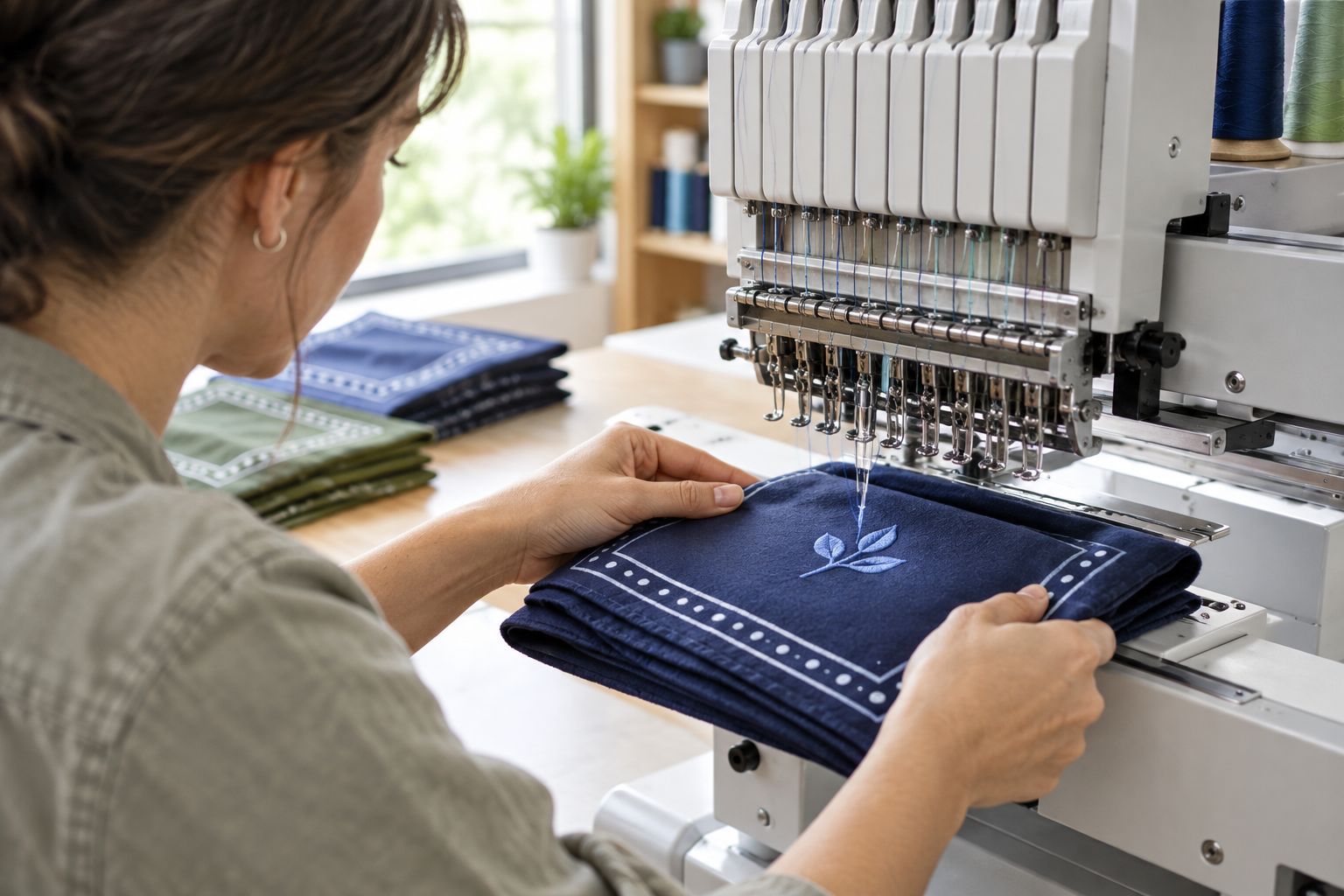 Embroidery machine stitching a logo onto a folded bandana