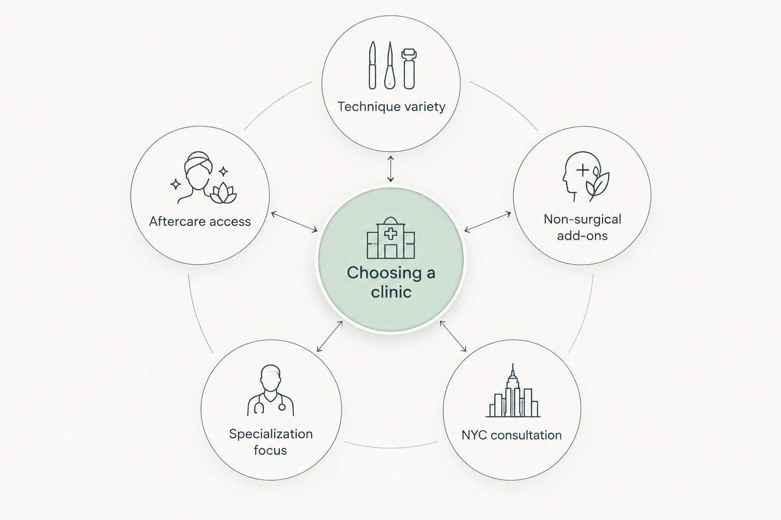 Hub and spoke diagram of criteria for choosing a New York City hair transplant clinic