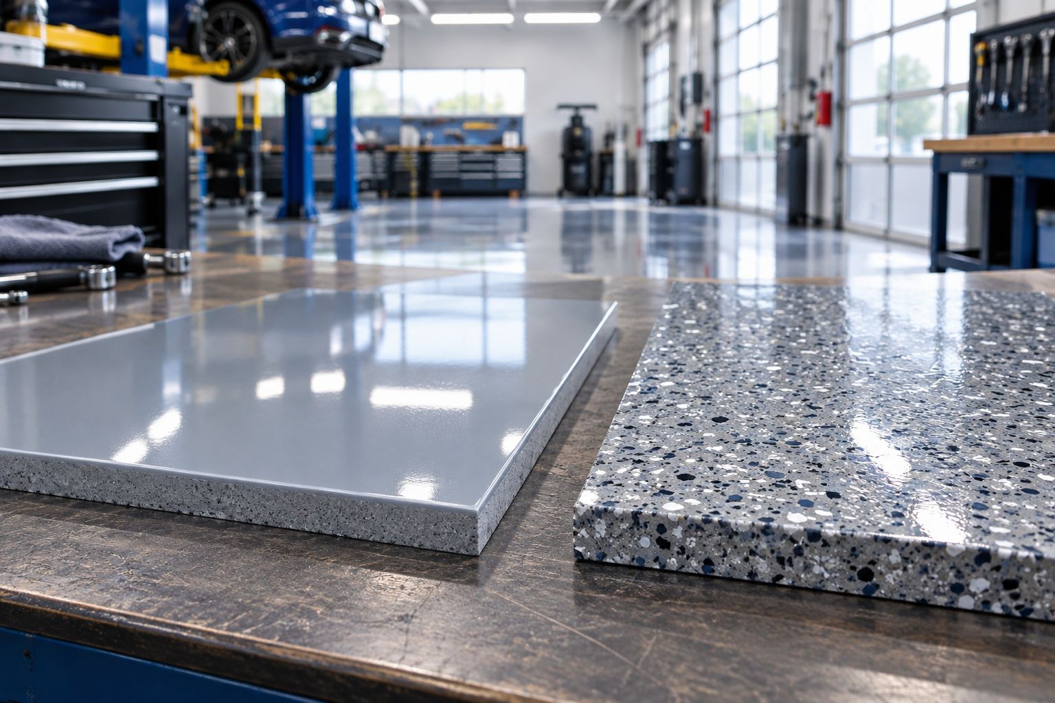 Smooth and aggregate-textured resin floor samples under side lighting