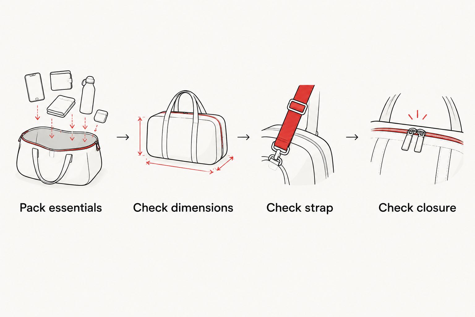 Four checks for choosing a crossbody bag: essentials, dimensions, strap, and closure