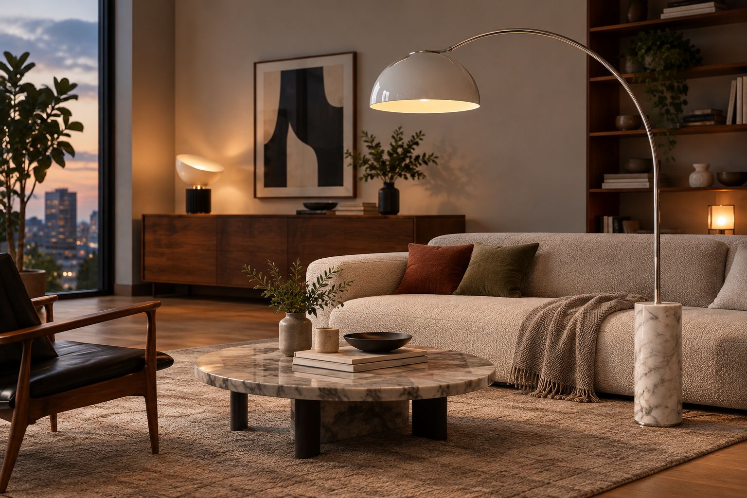 Arc floor lamp curving over a low sofa in a modern living room