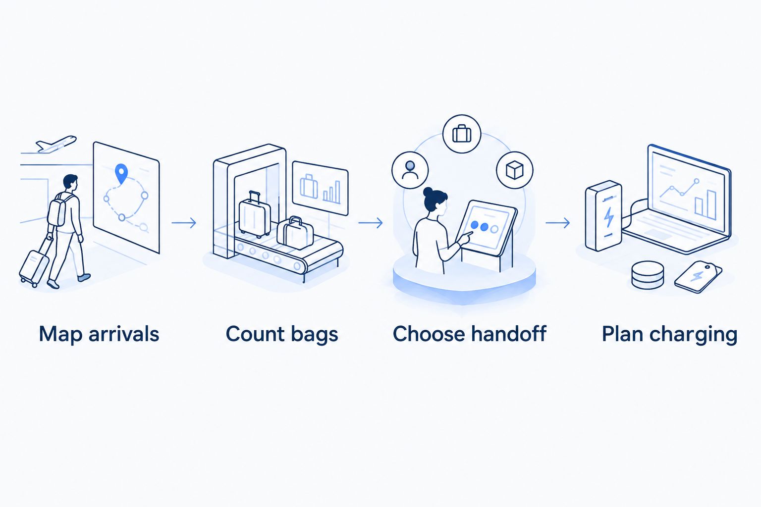 Planning sequence from guest arrivals and bags to vehicle handoff and charging