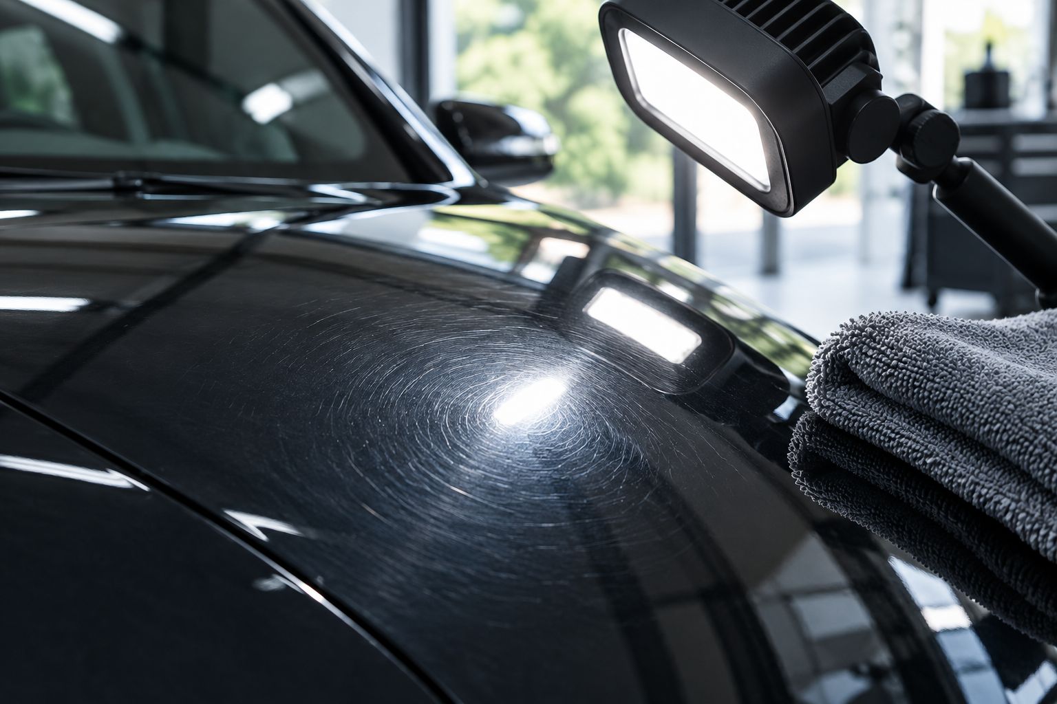 EA Detailer Fine swirl marks visible on a dark car panel under an inspection light
