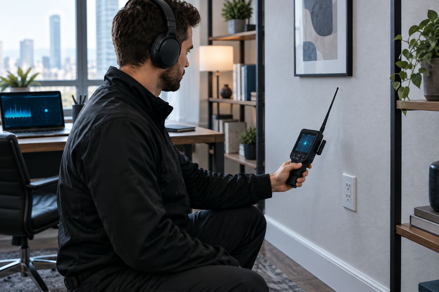 Technician scanning a home office wall outlet with a handheld RF detector