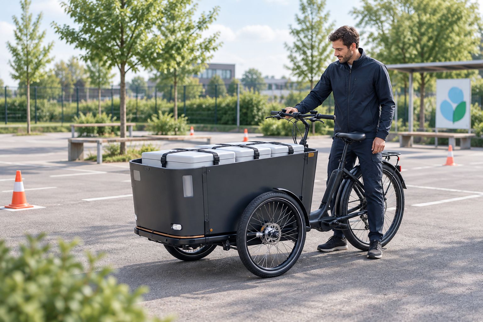 Bezorger oefent met een bakfiets waarin gesloten transportboxen laag en vastgezet staan.