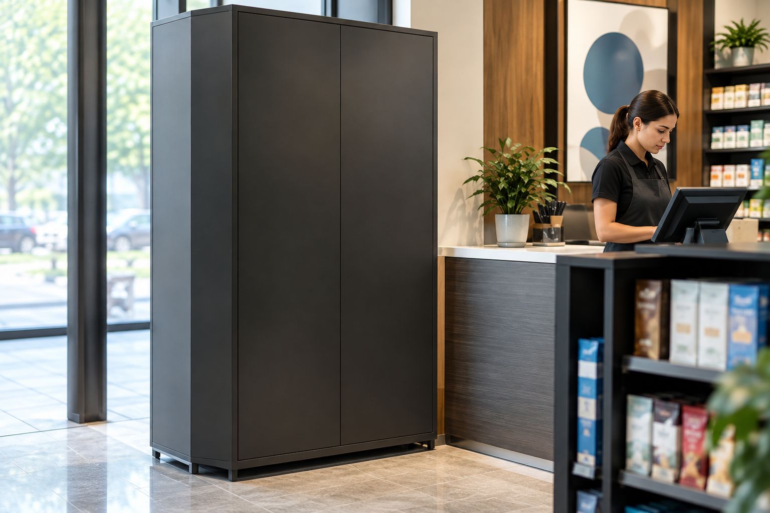 Tall closed storage cabinet behind a retail counter with clear staff access