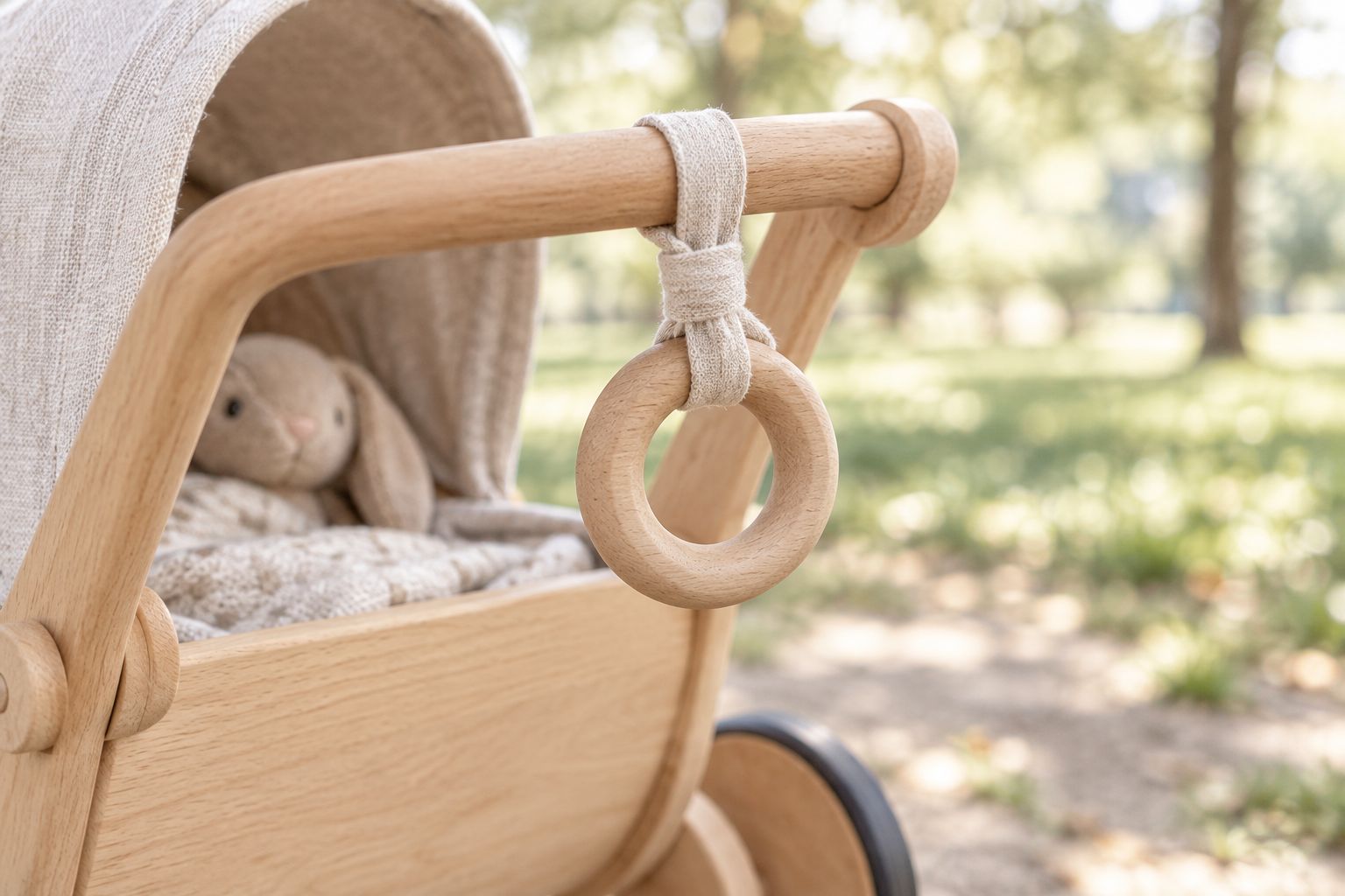 Wooden teething ring toy tied to a pram bar with a short fabric loop