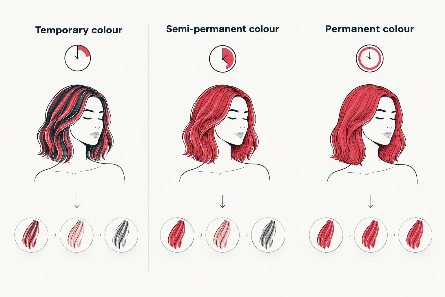 Three column comparison of temporary, semi-permanent and permanent hair colour