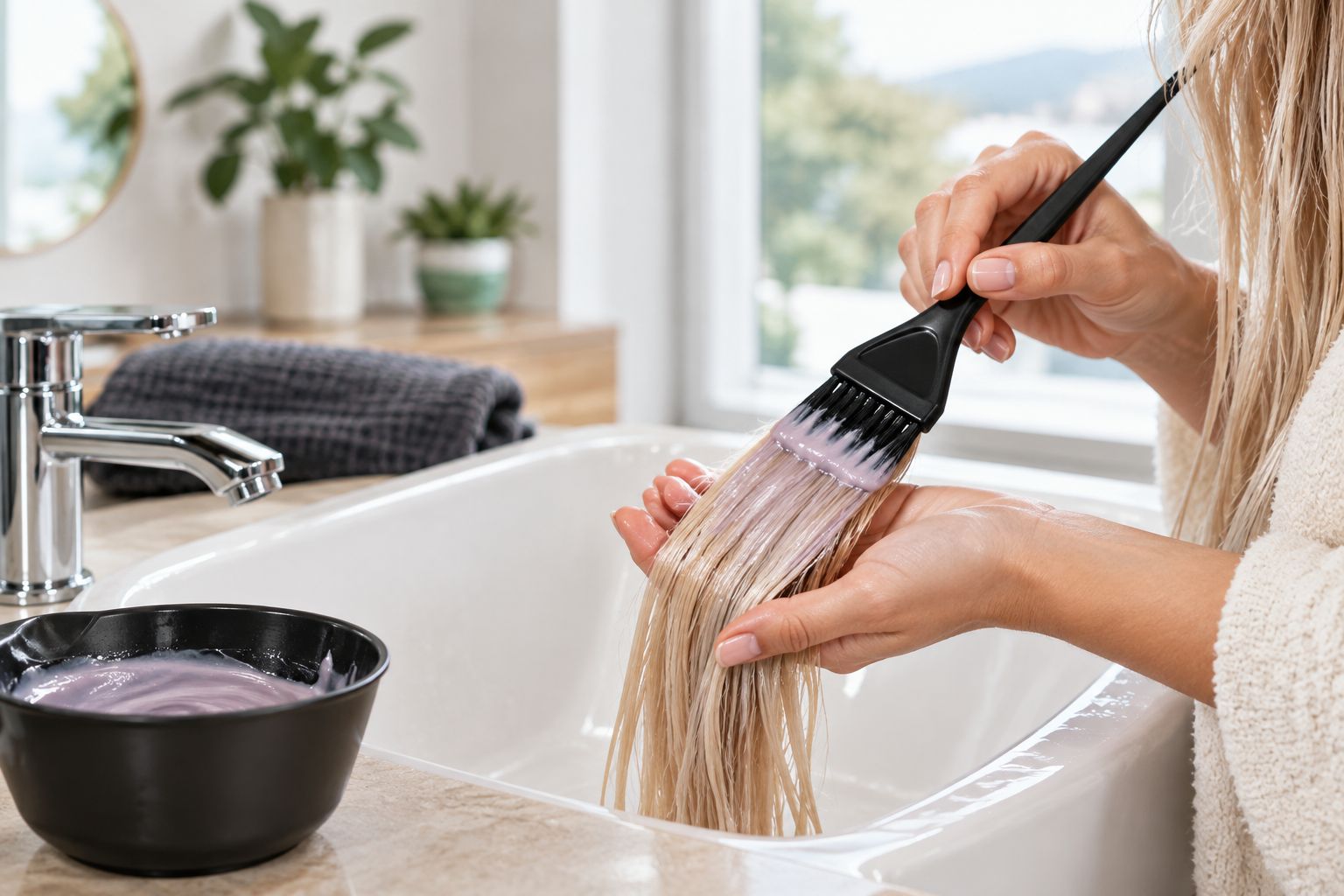 Hands applying a gloss toner to lightened blonde hair strands