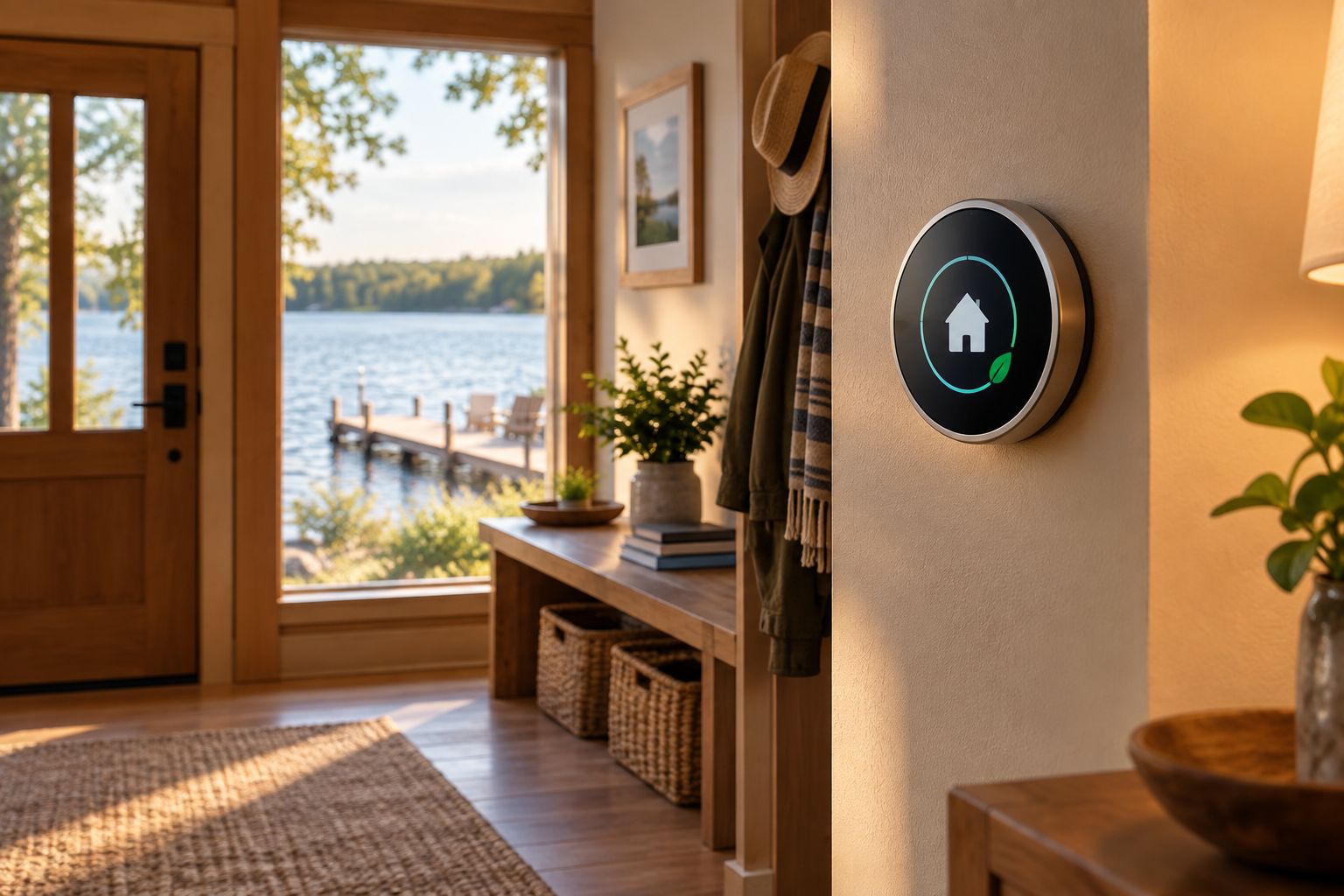 Smart thermostat mounted near a lake house entryway with a lake view window behind it