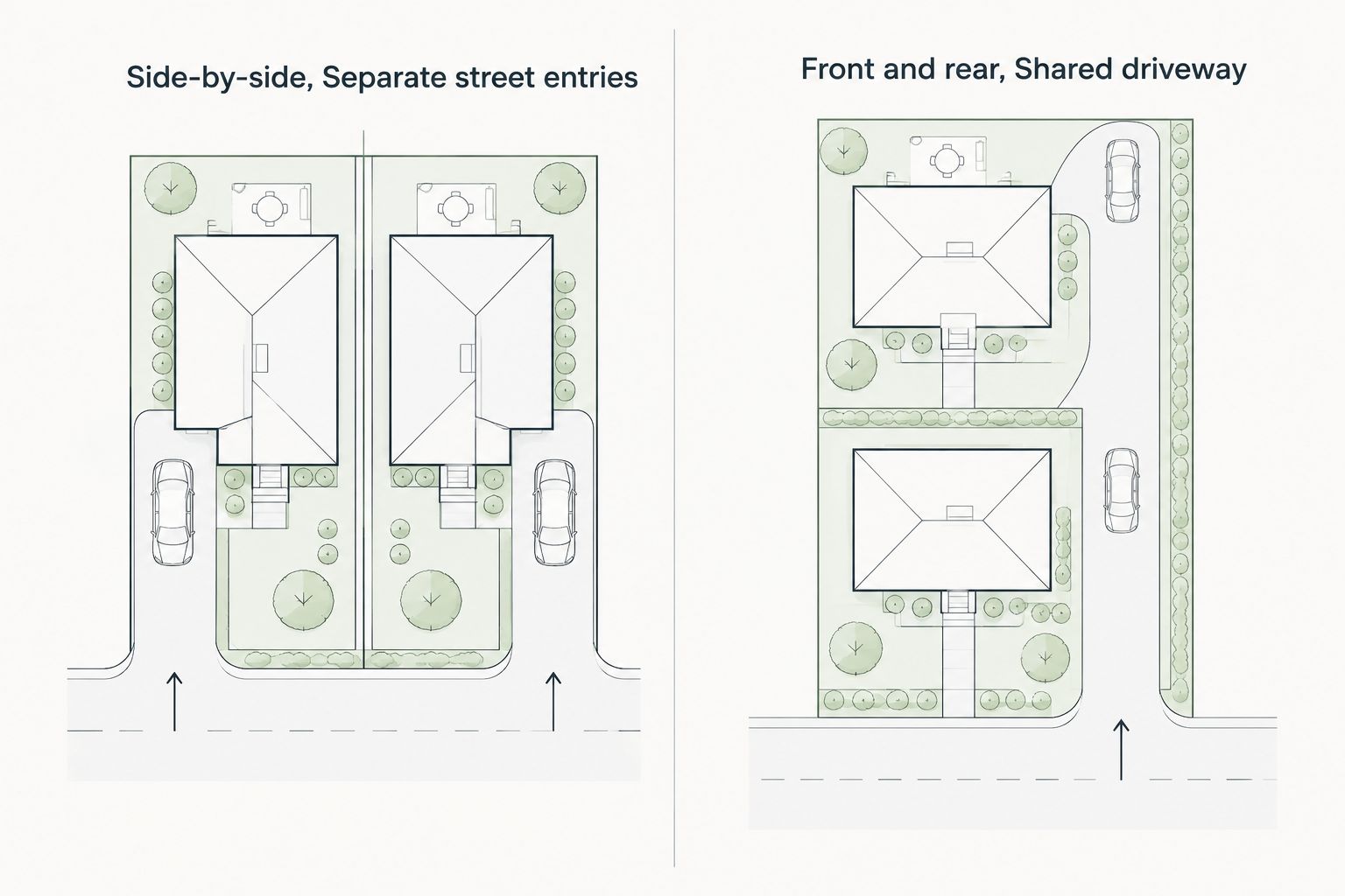 Comparison of side-by-side and front-and-rear duplex arrangements