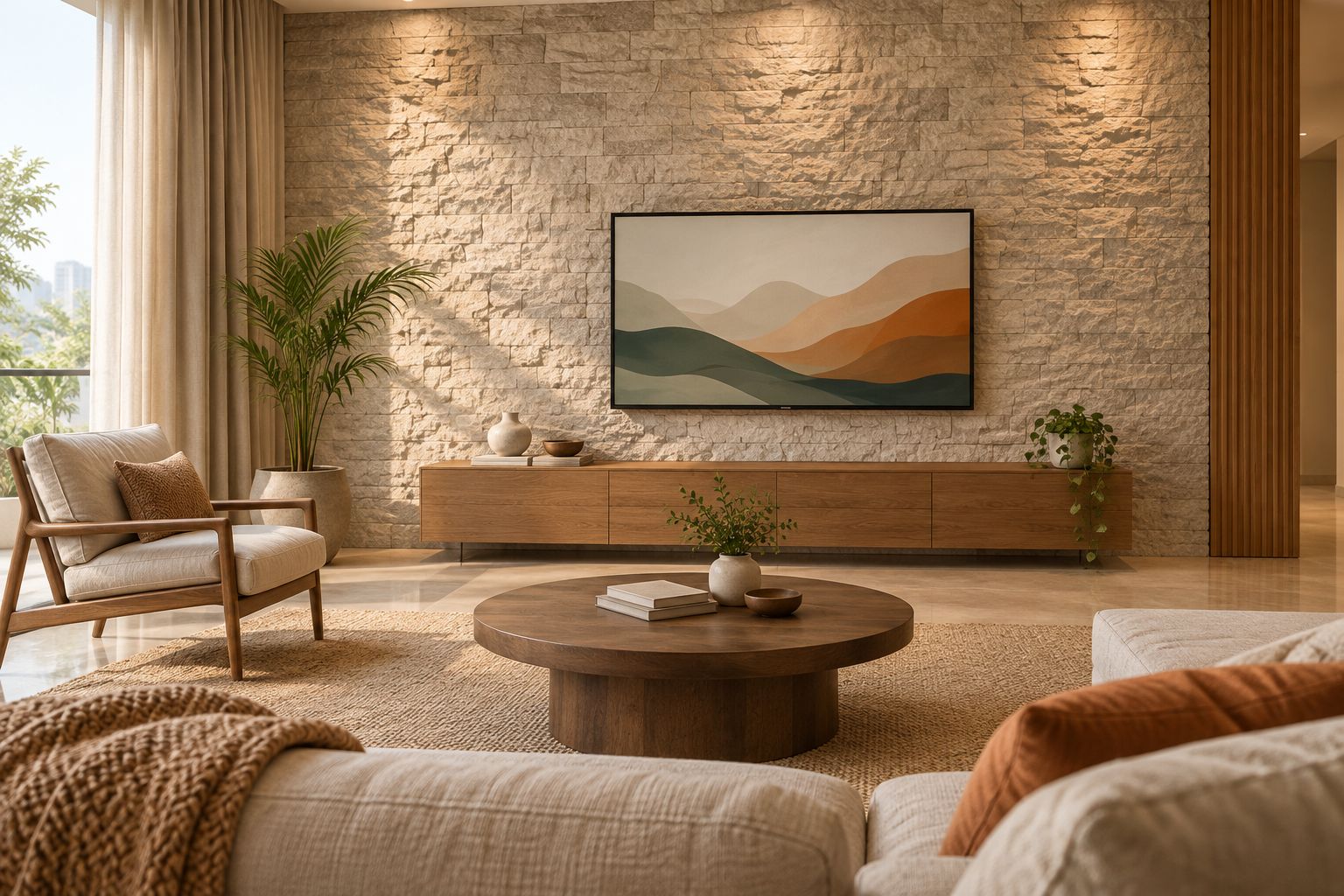 Living room with a low-relief stone television wall and a simple console