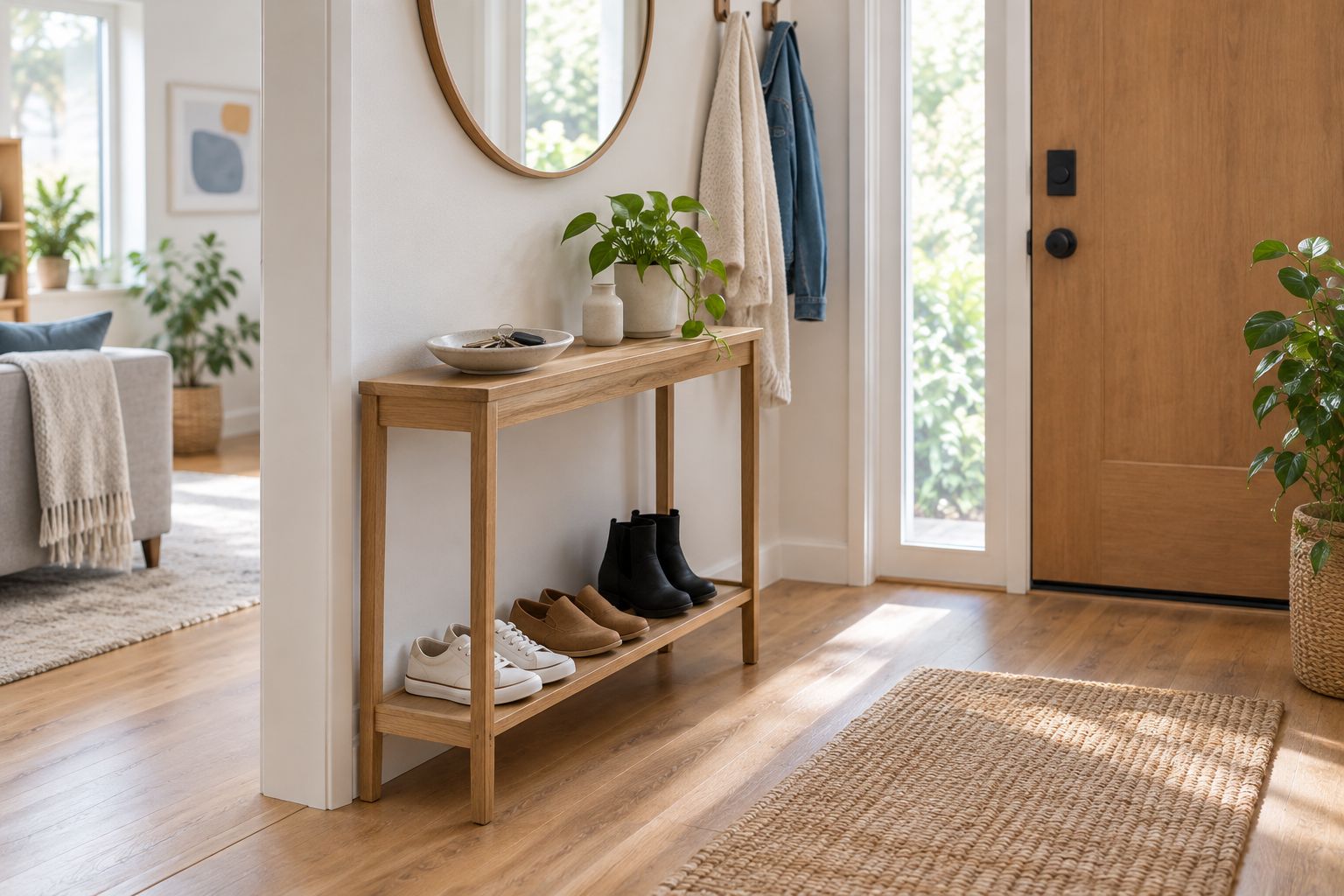 A small apartment entryway with accessible keys, contained shoes, and a clear walking path.