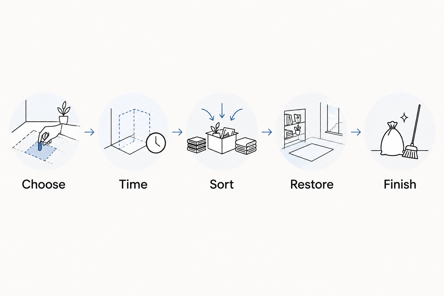 Five steps for a contained decluttering session, from choosing an area to finishing cleanup.