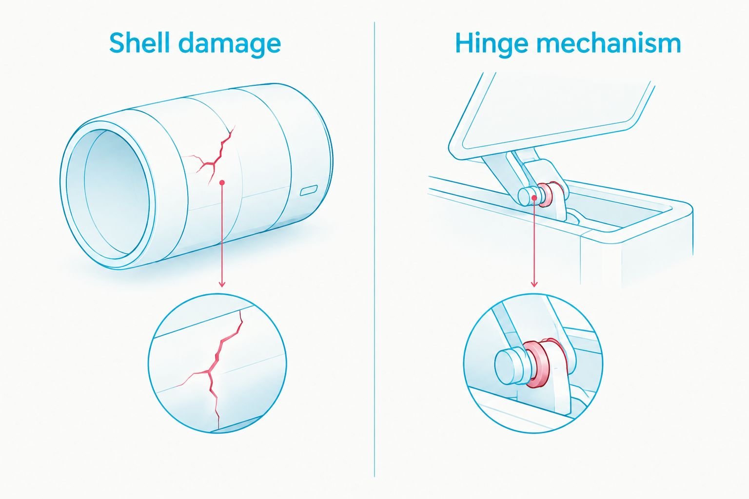 Comparison of cracked shell plastic and a loose hinge mechanism