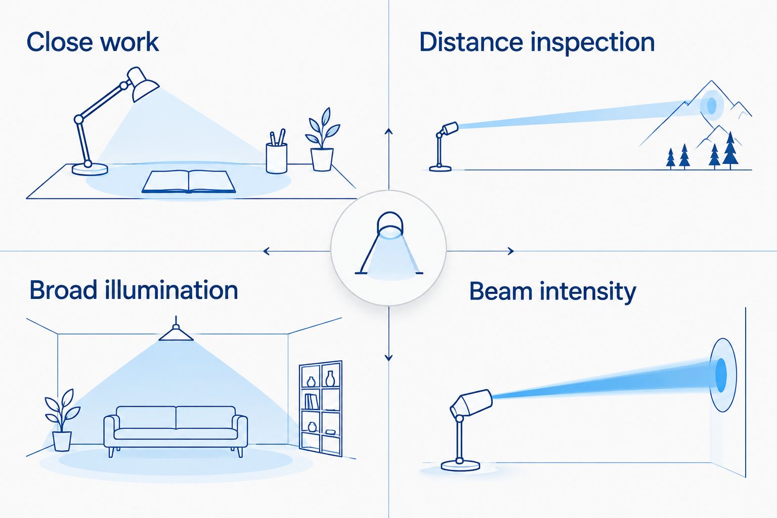 Broad nearby illumination compared with a concentrated beam for distance inspection