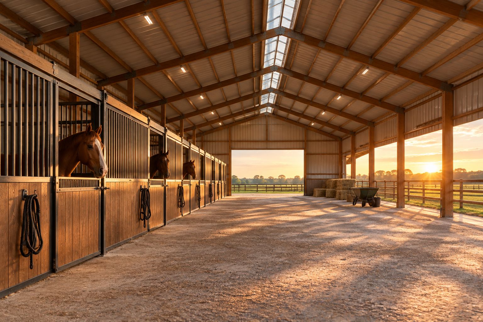 Metal livestock barn interior with stalls and a ventilated center aisle