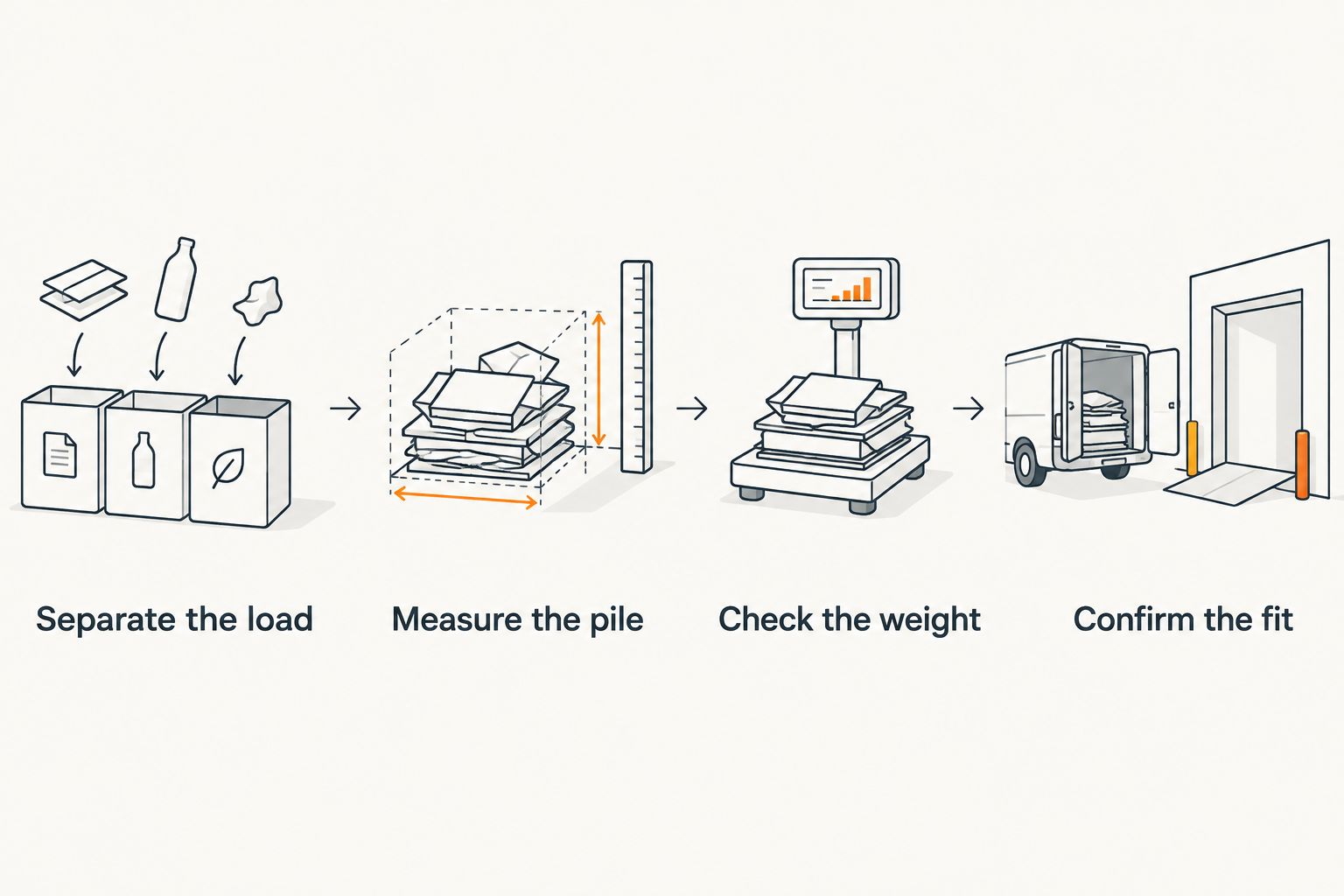 Four steps for choosing dumpster capacity: separate, measure, check weight, and confirm site fit.